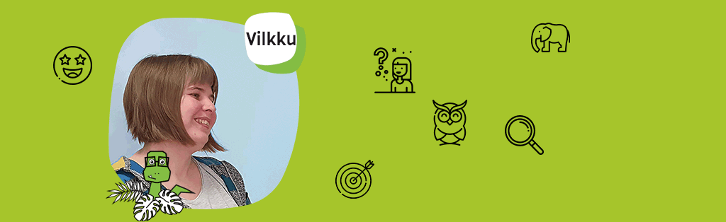 Valokuva UX-suunnittelija Vilkku Eronen ja hänen vinkkejä suunnittelijoille kuvakkeilla esitettynä. Esimerkkiksi: tunnista asiakkaan tarpeet suurennuslasilla, selvitä kenelle suunnittelet yhtä viisaasti kuin pöllö. Muita vertauskuvia löytyy tekstissä.
